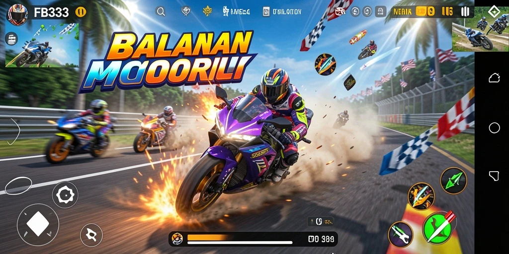 Tampilan gameplay seru dari FB333 dengan motor balap yang mengesankan.