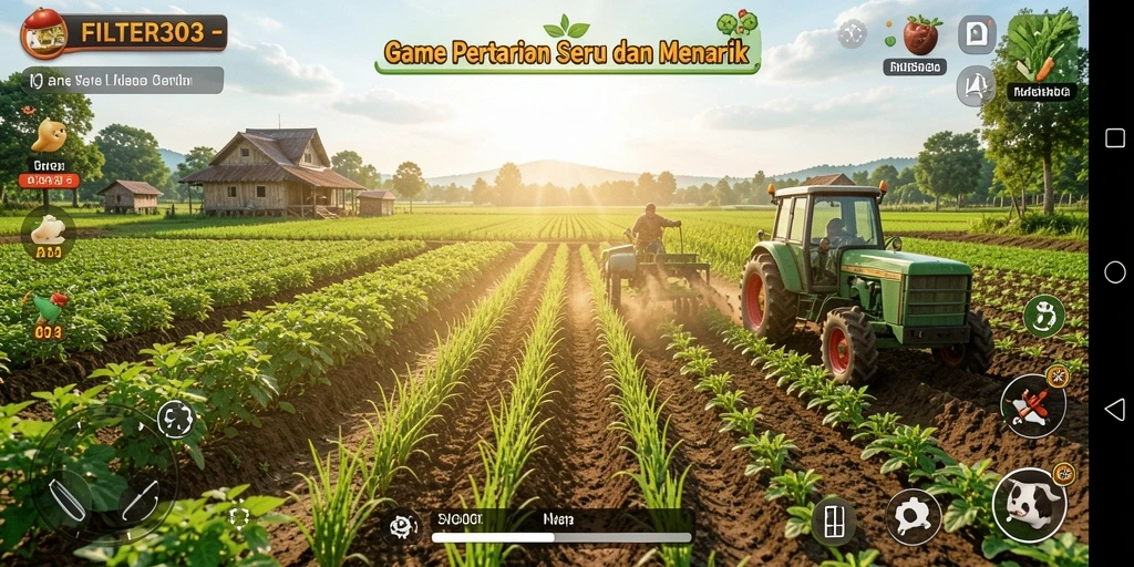 Tampilan gameplay FILTER303 yang menampilkan aktivitas bertani yang menyenangkan.