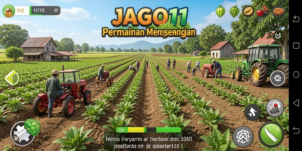 Tampilan gameplay JAGO11 yang menampilkan kebun yang subur dan hewan ternak.