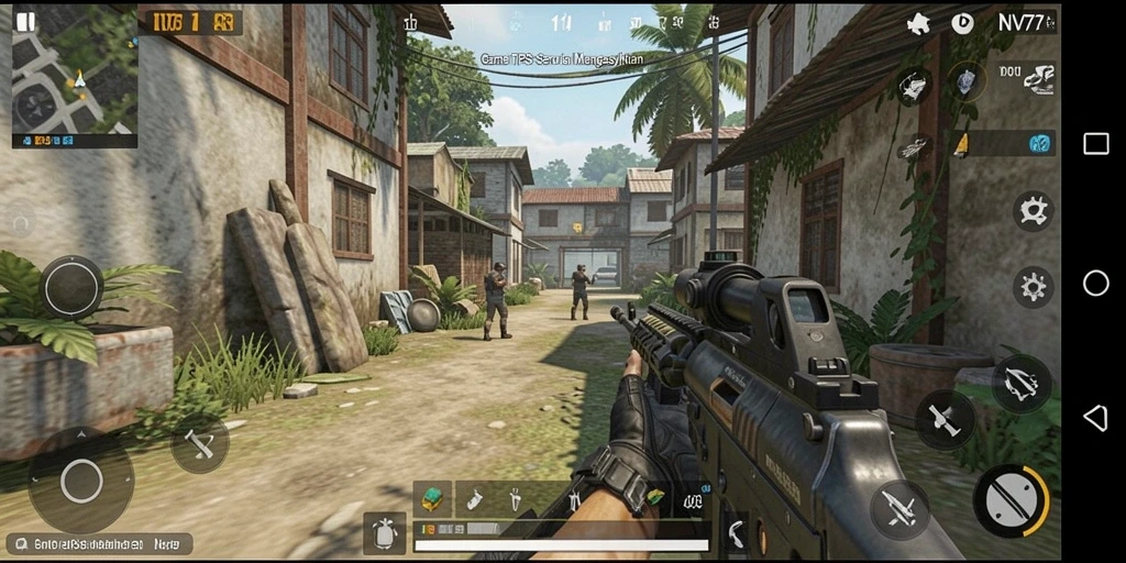 Screenshot gameplay NV77 yang menunjukkan aksi pertempuran yang mendebarkan.