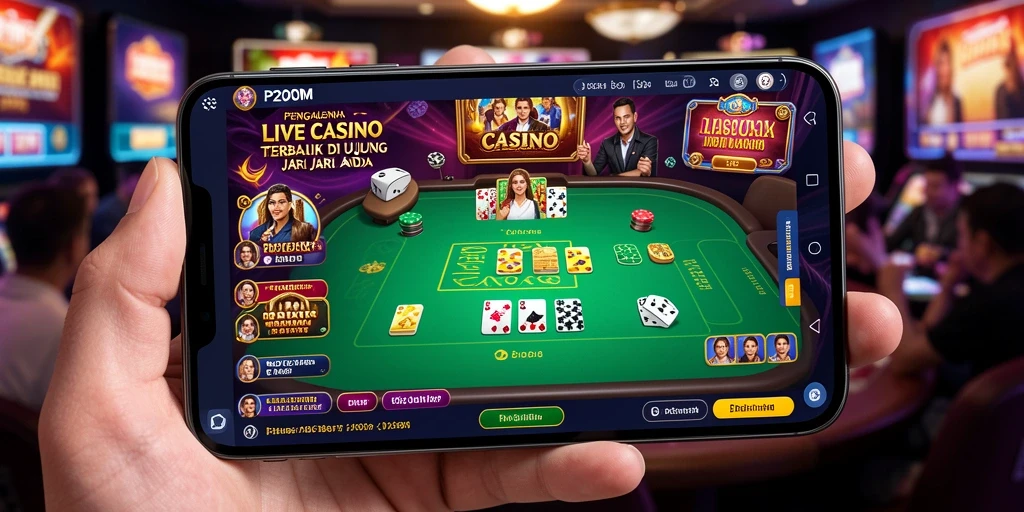 Screenshot P200M menampilkan dealer langsung yang berinteraksi dengan pemain.