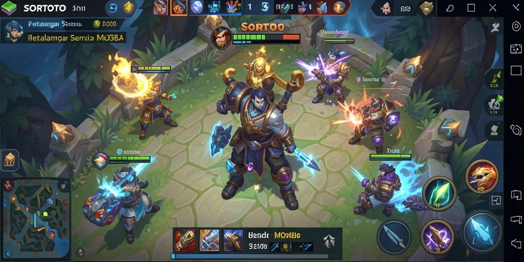 Screenshot utama SORTOTO menampilkan aksi seru dalam battle MOBA.