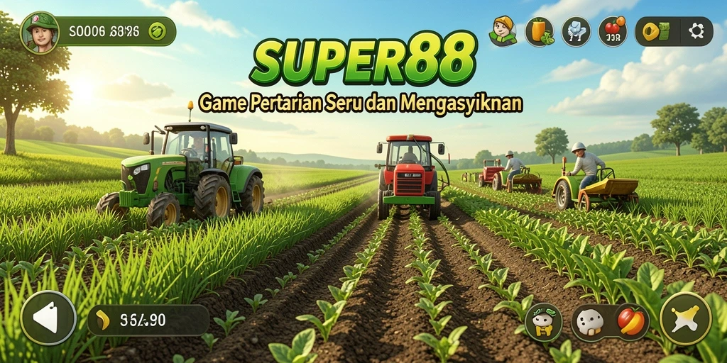 Tangkapan layar utama dari gameplay <strong>SUPER88</strong> yang menunjukkan aktivitas bertani.