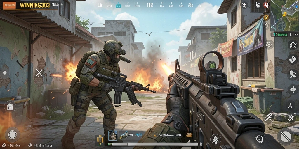Screenshot gameplay <strong>WINNING303</strong> menunjukkan aksi menegangkan di medan perang.